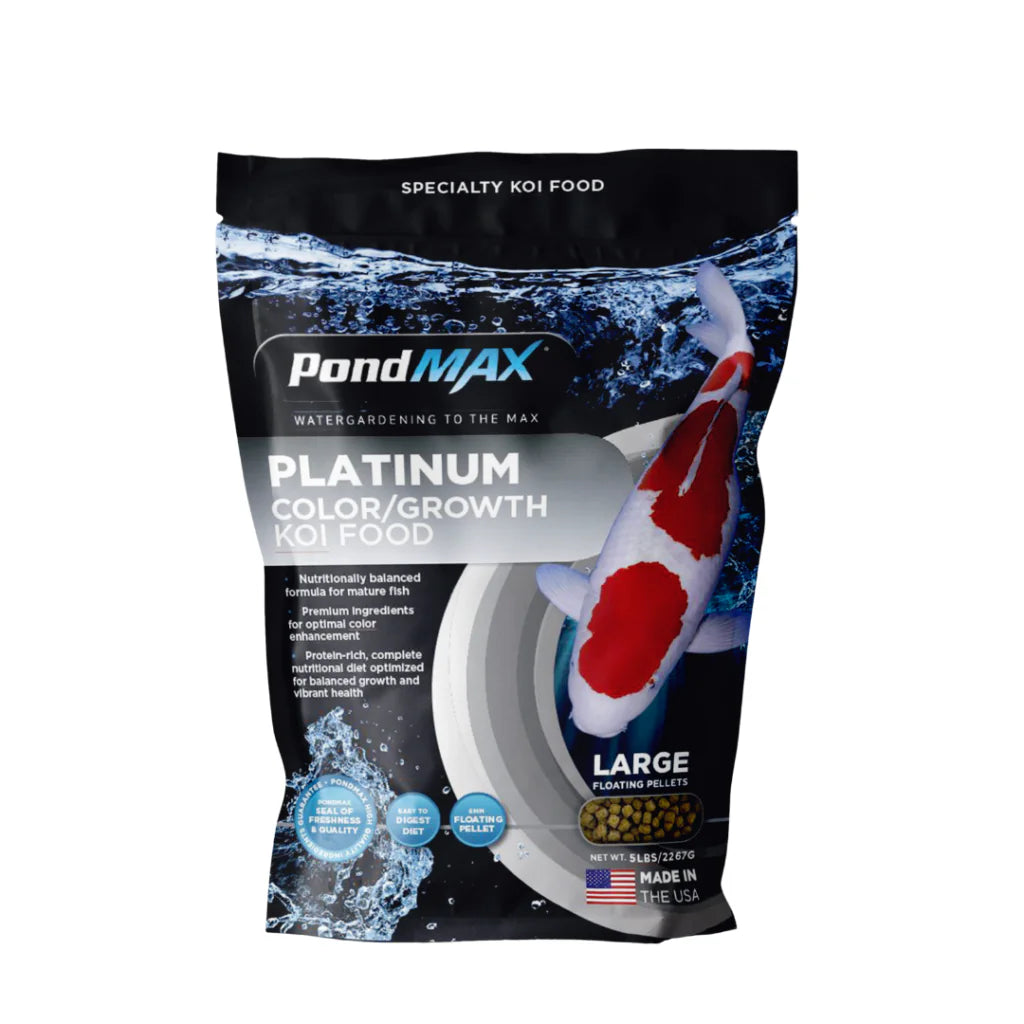 PondMAX Platinum Koi Food packaging showcasing premium koi nutrition for vibrant colors and healthy growth.